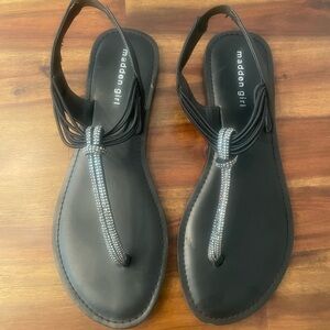 Madden Girl black rhinestone flat sandals, women’s size 10, only worn once!